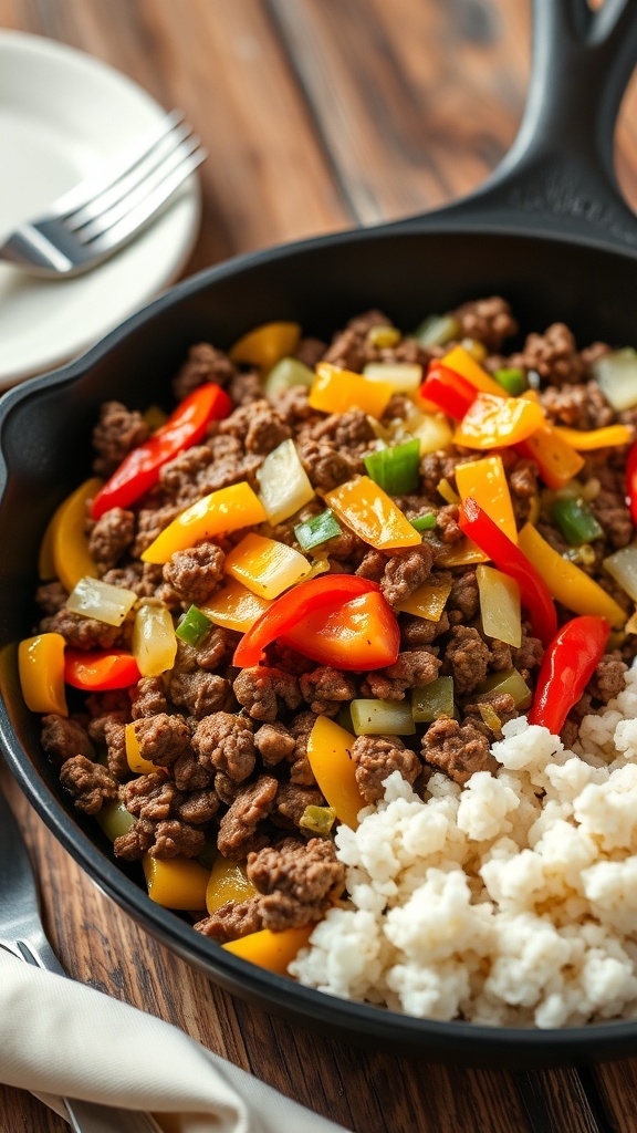 A delicious hamburger beef skillet with ground beef, bell peppers, and onions topped with cheese in a cast-iron skillet.